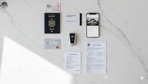 documents required for renting a car are placed on marble counter in the office of best value car rental in dubai 