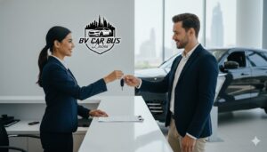 a man receiving car key from a woman at a car rental office in dubai