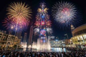 A magnificent fireworks Burj Khalifa tower at midnight, 