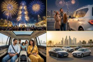 Collage of New Year celebration with car rental in Dubai