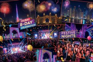 Creative collage-style image showing 8 days of Dubai celebration, multiple fireworks displays, entertainment stages with crowds, illuminated landmarks, confetti falling, diverse happy people celebrating, festive decorations,