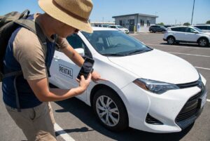 a tourist inspecting a white sedan