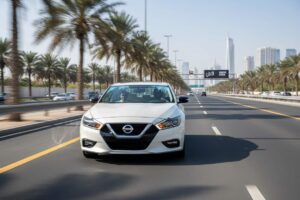 White Nissan sedan driving on a modern Dubai highway with palm trees lining the road