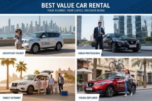 Split image showing four scenarios: tourist with camera near Nissan car