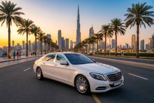 A white sedan on the road in front of Burj Khalifa