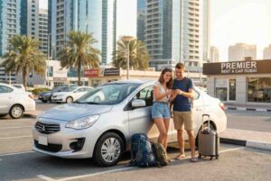 A tourist couple standing by a car 