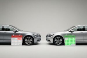 cost comparison in car rental.
Two identical cars parked side by side,