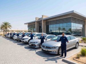 Friendly, professional staff standing confidently near the vehicles, 
wearing neat uniforms, welcoming body language.