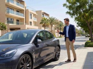 A businessman in smart-casual clothing confidently locking the car using a key fob, 
suggesting long-term or monthly car rental usage