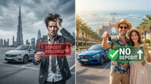 left side showing stressed person with credit card and "DEPOSIT REQUIRED" text, right side showing happy tourist couple with car keys, modern sedan, and "NO DEPOSIT"
