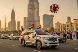 A decorated car rally passing by the front of the Burj Khalifa on the UAE National Day