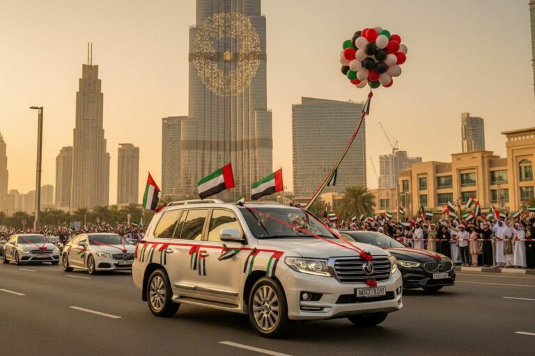 A decorated car rally passing by the front of the Burj Khalifa on the UAE National Day