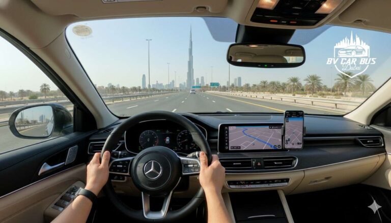 interior view of first person driving a car towards burj Khalifa