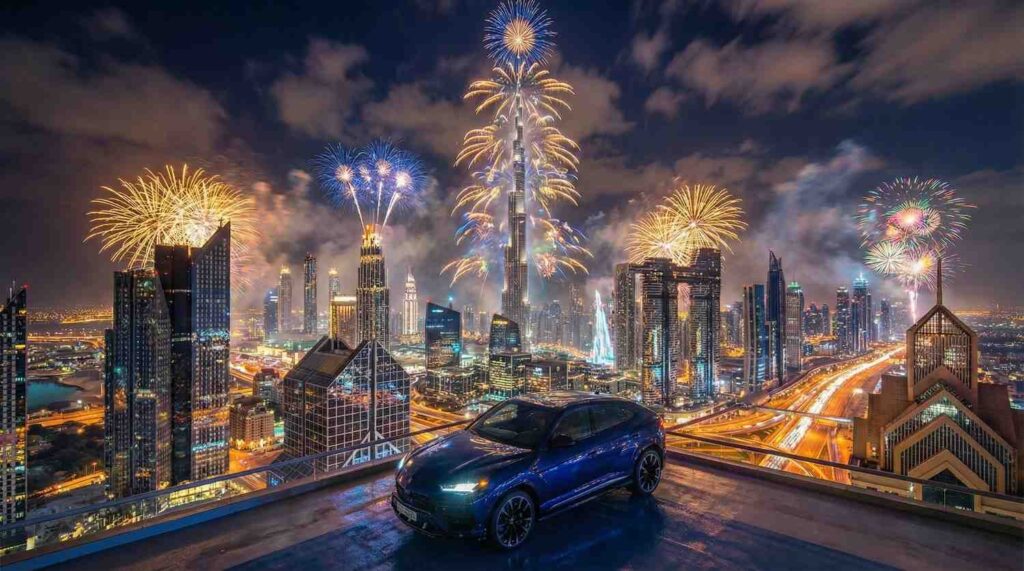 Stunning aerial view of Dubai skyline at night with spectacular colorful fireworks exploding over Burj Khalifa, a sleek modern rental car parked in the foreground with Dubai