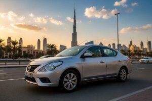 A sleek silver Nissan Sunny in front of Dubai's modern skyline with Burj Khalifa