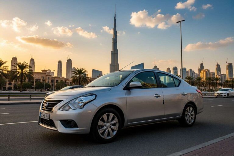 A sleek silver Nissan Sunny in front of Dubai's modern skyline with Burj Khalifa