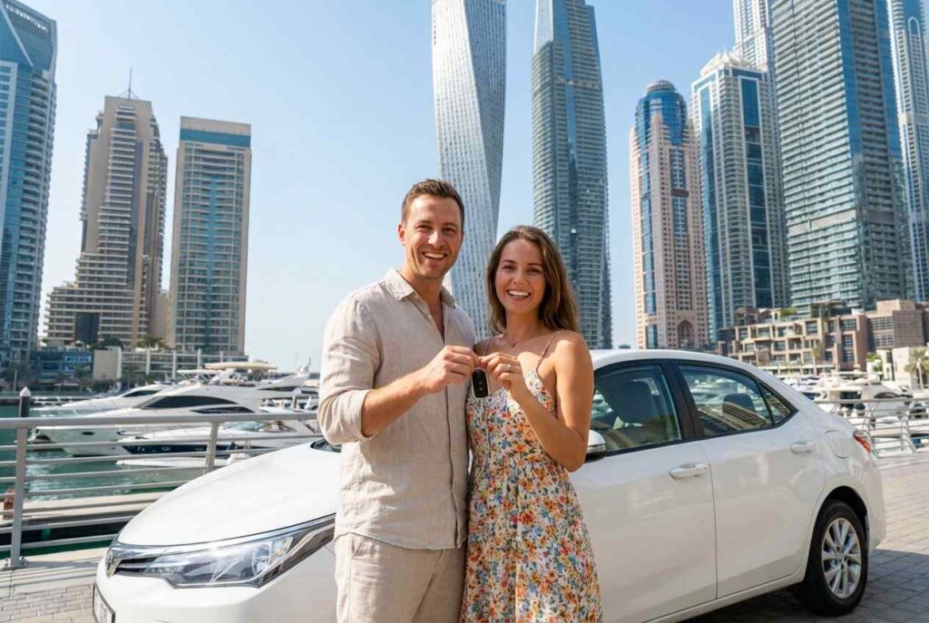 a happy tourist couple standing in front of a white car in Dubai skyline
