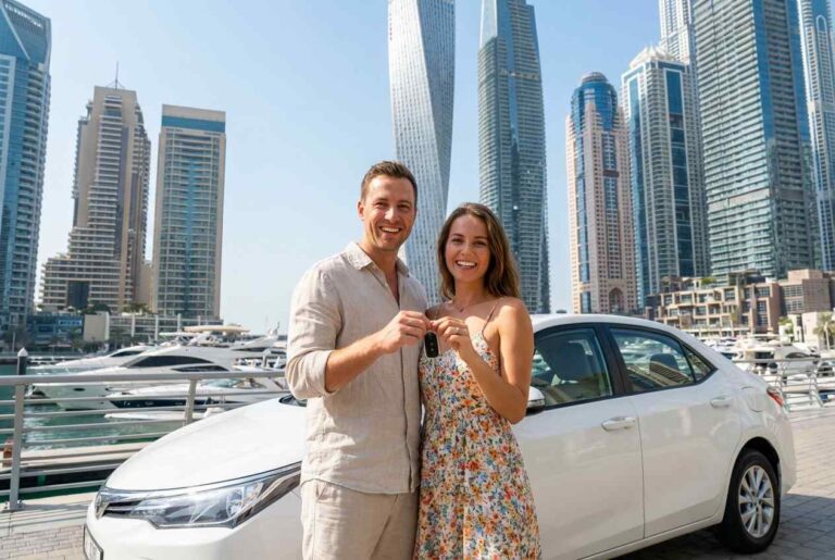 a happy tourist couple standing in front of a white car in Dubai skyline