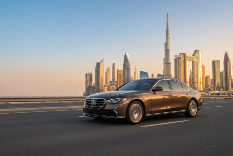 Mid-size sedan driving on Sheikh Zayed Road with Burj Khalifa at golden hour