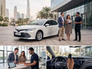 A professional male and female customer (diverse, smart-casual attire) reviewing rental documents with a friendly car rental staff member wearing a neat uniform.